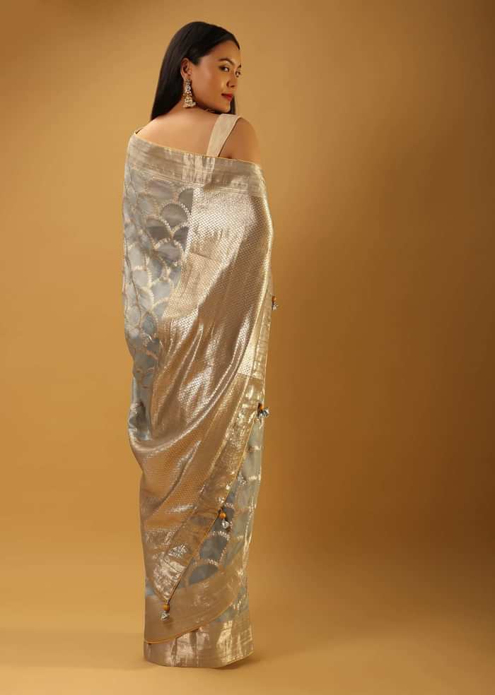 Metal Grey Saree In Organza With Woven Scallop Jaal
