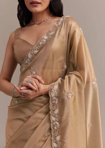 Metallic Gold Organza Tissue Saree With Cutdana And Bead Embroidery