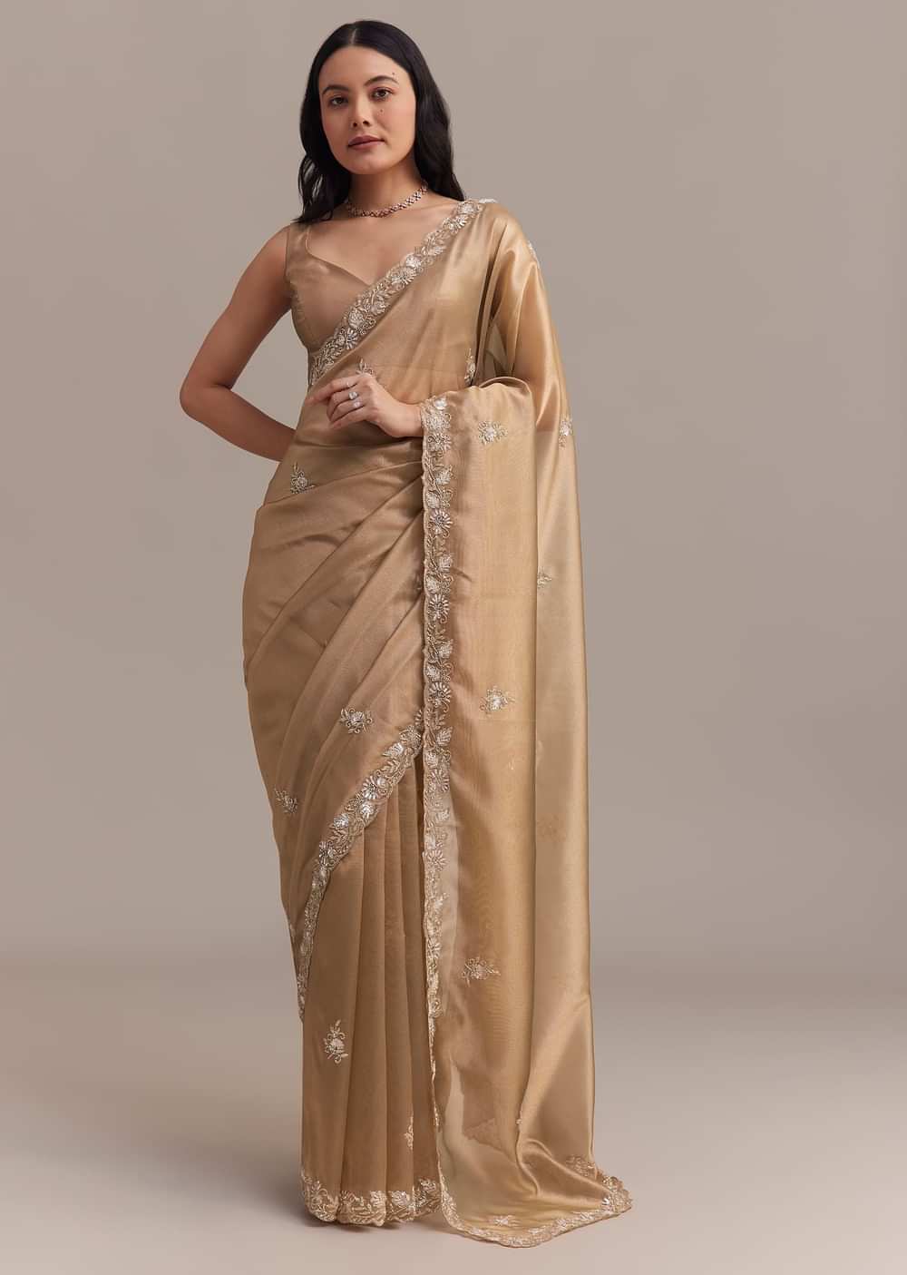 Metallic Gold Organza Tissue Saree With Cutdana And Bead Embroidery