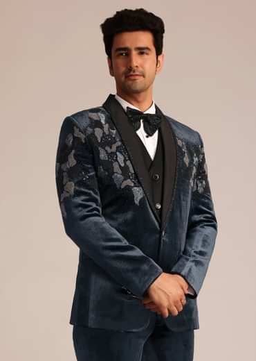 Metallic Grey Velvet Suit With Zardosi Detailing