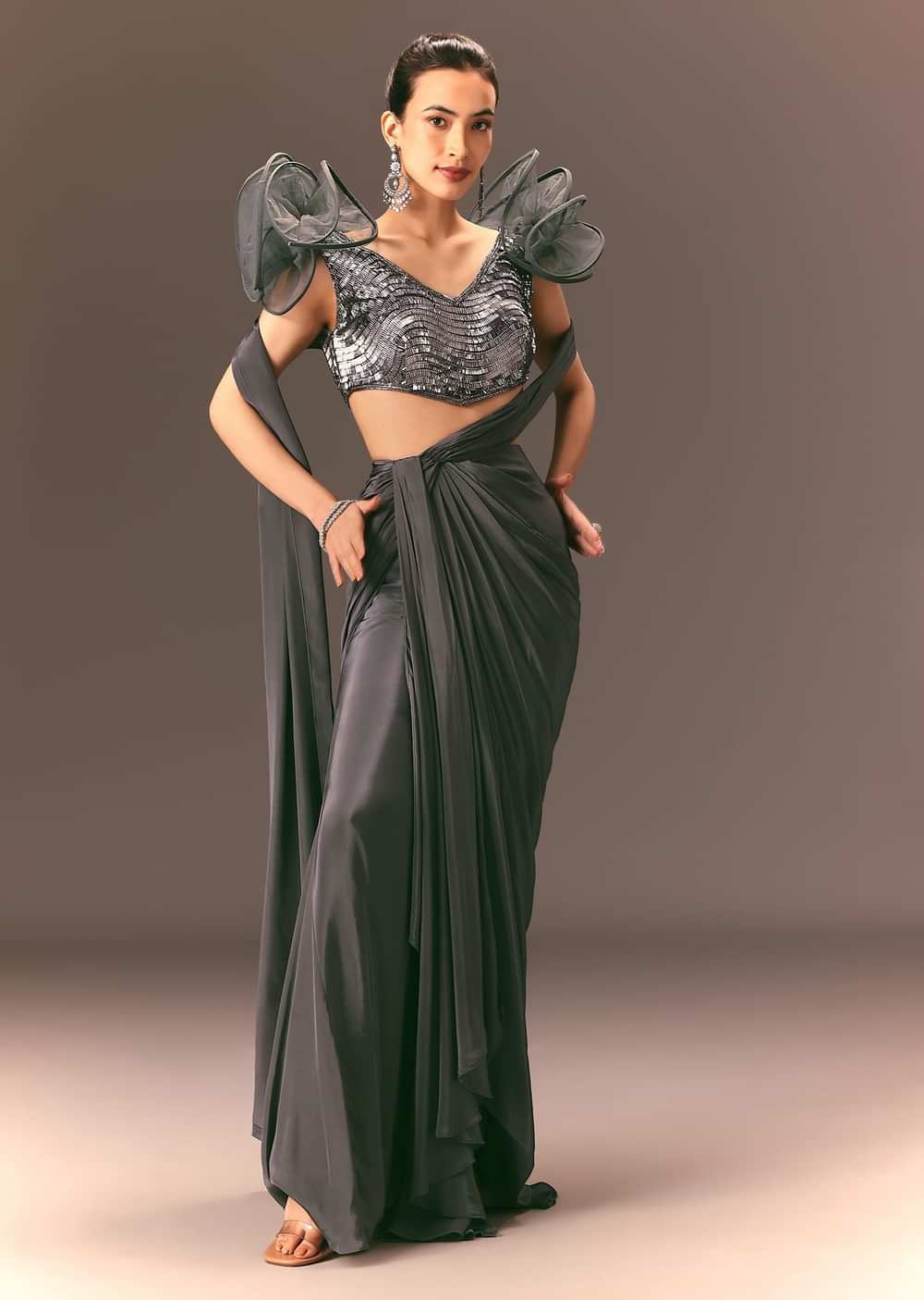 Metallic Pre Draped Saree With 3D Ruffle Blouse