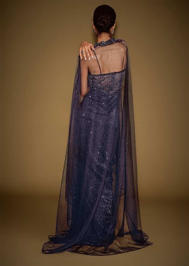 Midnight Blue Corset Gown With Drape And Embroidered Cape