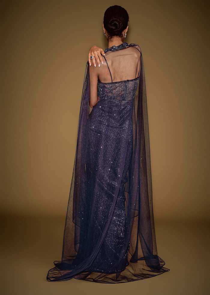 Midnight Blue Corset Gown With Drape And Embroidered Cape