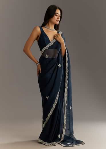 Midnight Blue Crushed Tissue Saree With Scallop Embroidered Border