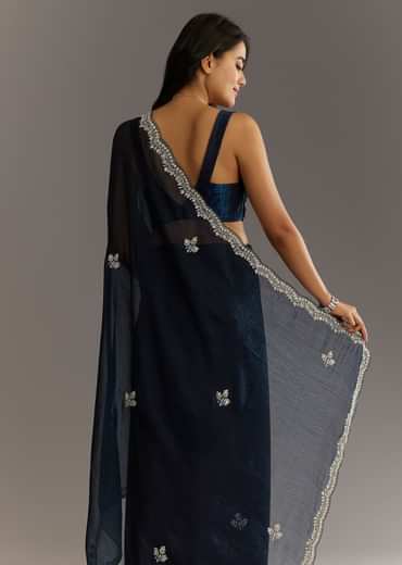 Midnight Blue Crushed Tissue Saree With Scallop Embroidered Border