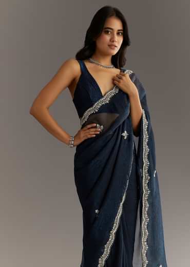 Midnight Blue Crushed Tissue Saree With Scallop Embroidered Border