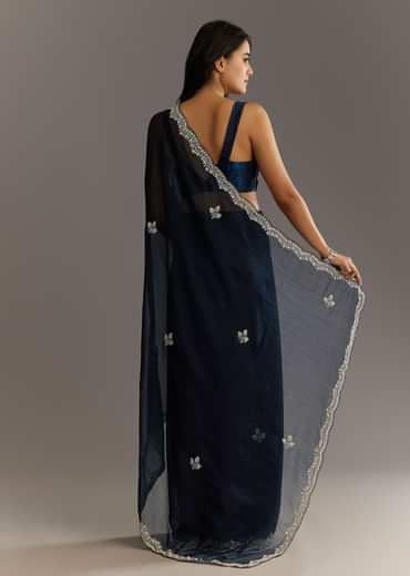 Midnight Blue Crushed Tissue Saree With Scallop Embroidered Border