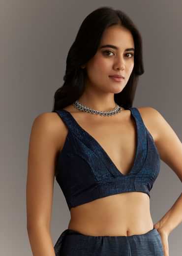 Midnight Blue Crushed Tissue Saree With Scallop Embroidered Border