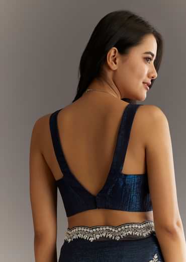 Midnight Blue Crushed Tissue Saree With Scallop Embroidered Border