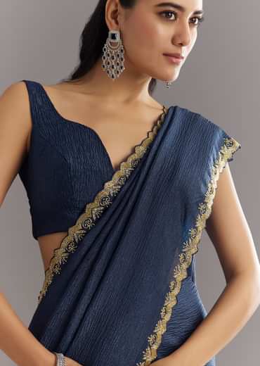 Midnight Blue Crushed Tissue Saree With Stones Cutdana Embroidered Scallop Border
