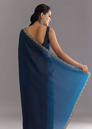 Midnight Blue Crushed Tissue Saree With Stones Cutdana Embroidered Scallop Border