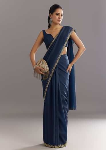 Midnight Blue Crushed Tissue Saree With Stones Cutdana Embroidered Scallop Border