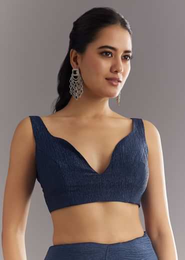 Midnight Blue Crushed Tissue Saree With Stones Cutdana Embroidered Scallop Border