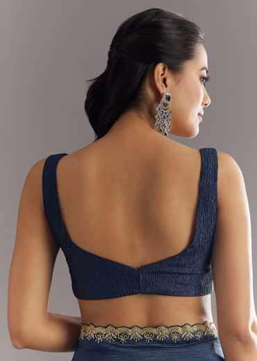 Midnight Blue Crushed Tissue Saree With Stones Cutdana Embroidered Scallop Border