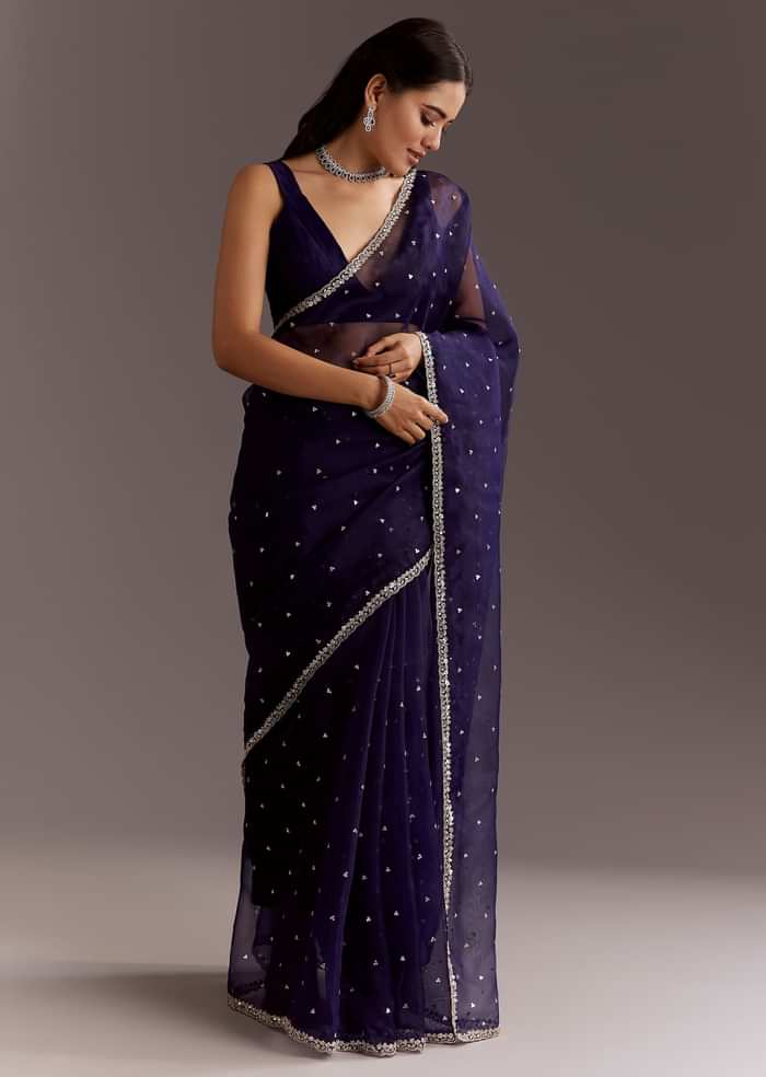 Midnight Blue Glass Tissue Saree With Cutdana And Sequins Scallop Border
