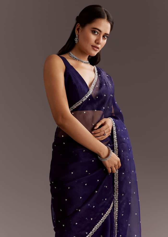 Midnight Blue Glass Tissue Saree With Cutdana And Sequins Scallop Border
