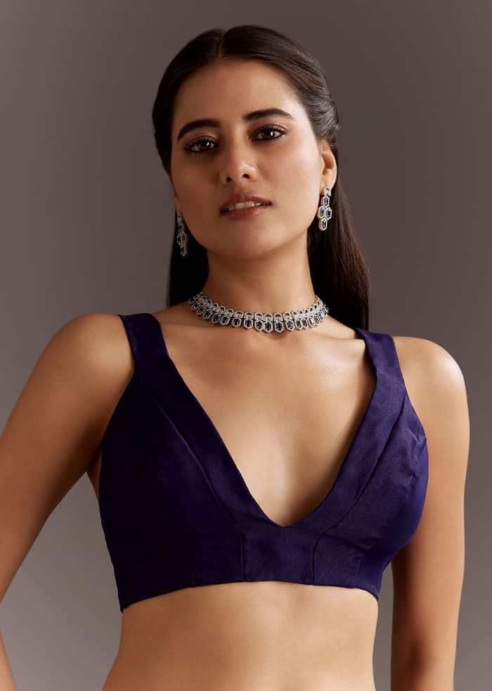 Midnight Blue Glass Tissue Saree With Cutdana And Sequins Scallop Border