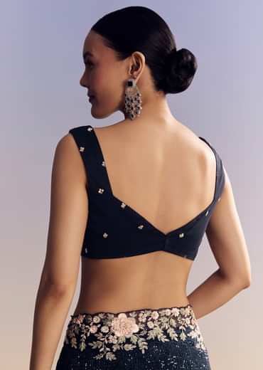 Midnight Blue Half And Half Saree With Floral Sequin Embroidery