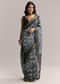 Midnight Blue Linen Printed Saree With Hand Dyed Shibori Print