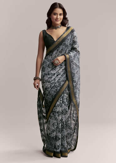 Midnight Blue Linen Printed Saree With Hand Dyed Shibori Print