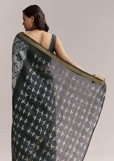 Midnight Blue Linen Printed Saree With Hand Dyed Shibori Print