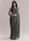 Midnight Blue Linen Printed Saree With Traditional Ajrakh Print