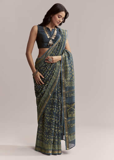 Midnight Blue Linen Printed Saree With Traditional Ajrakh Print