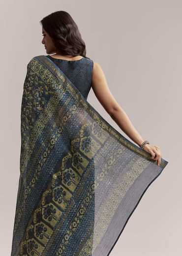 Midnight Blue Linen Printed Saree With Traditional Ajrakh Print