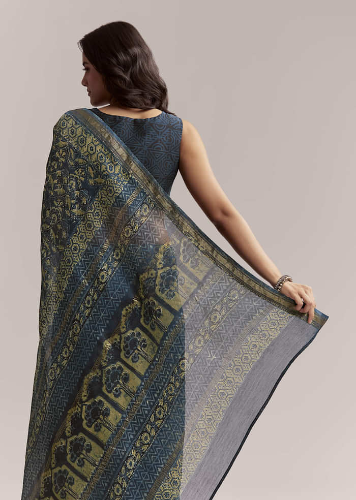 Midnight Blue Linen Printed Saree With Traditional Ajrakh Print
