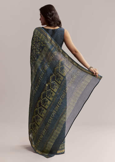 Midnight Blue Linen Printed Saree With Traditional Ajrakh Print
