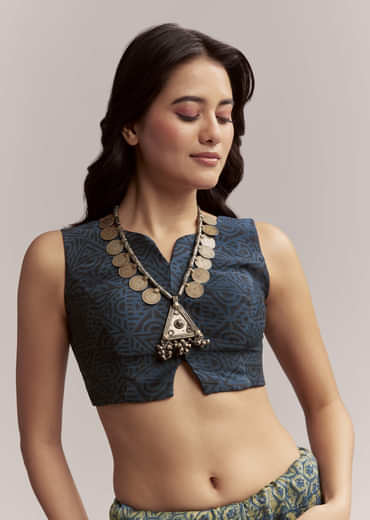 Midnight Blue Linen Printed Saree With Traditional Ajrakh Print