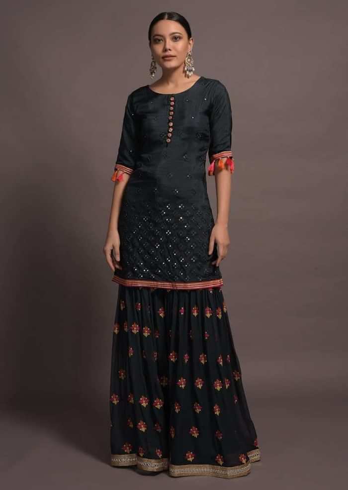 Midnight Blue Mirror Embroidered Sharara Suit With Zari And Thread Work