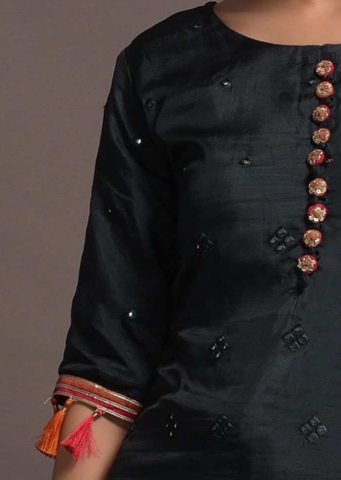 Midnight Blue Mirror Embroidered Sharara Suit With Zari And Thread Work