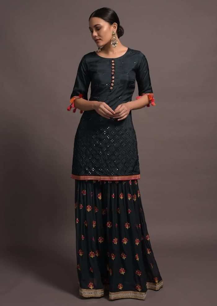 Midnight Blue Mirror Embroidered Sharara Suit With Zari And Thread Work