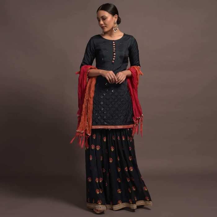 Midnight Blue Mirror Embroidered Sharara Suit With Zari And Thread Work