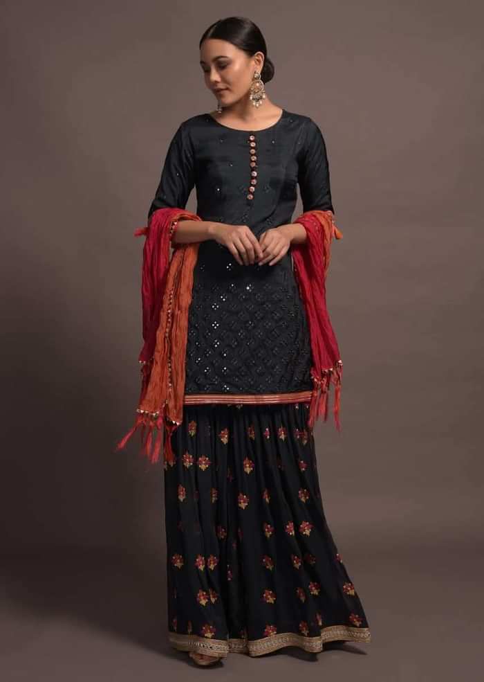 Midnight Blue Mirror Embroidered Sharara Suit With Zari And Thread Work