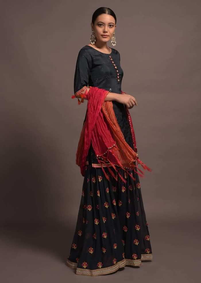 Midnight Blue Mirror Embroidered Sharara Suit With Zari And Thread Work