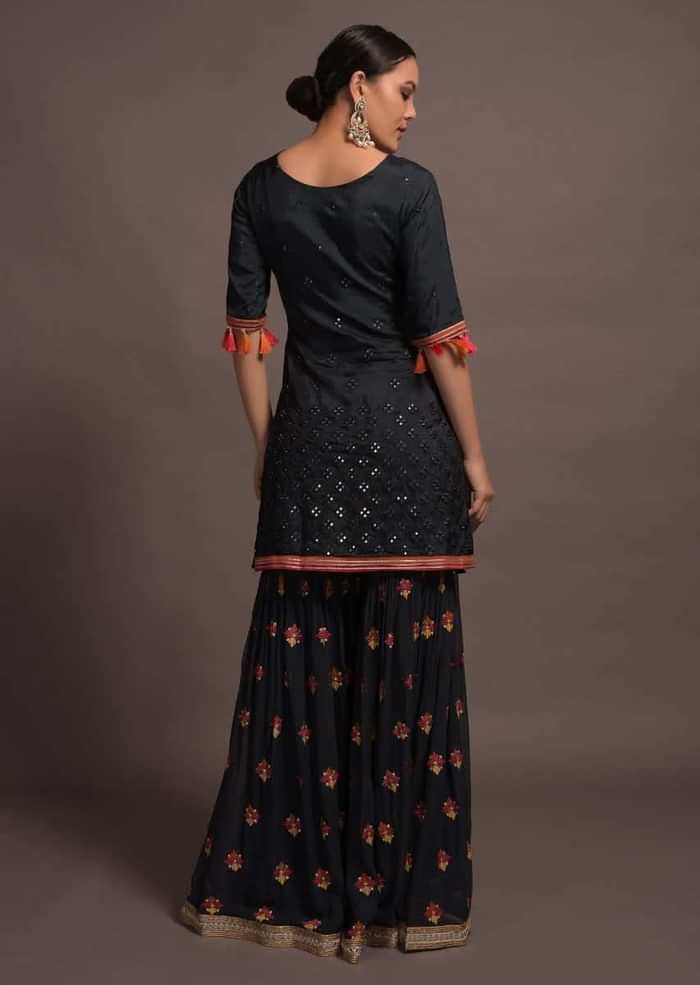 Midnight Blue Mirror Embroidered Sharara Suit With Zari And Thread Work