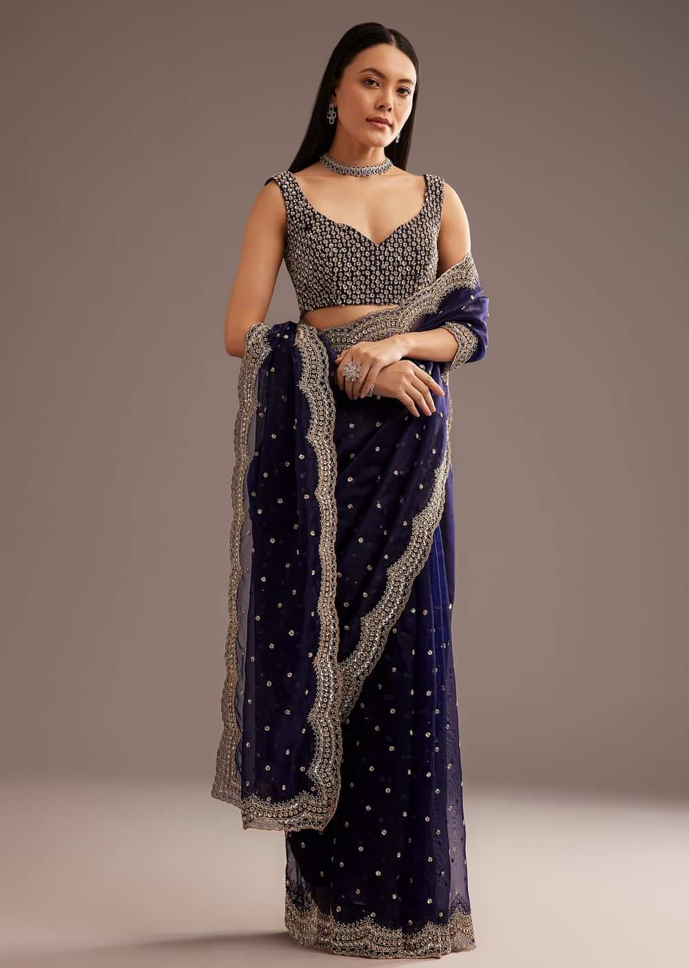 Midnight Blue Organza Tissue Saree With Sequin And Cutdana Embroidery
