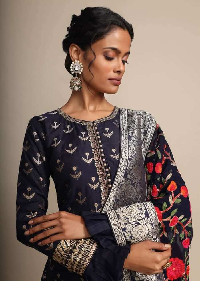 Midnight Blue Palazzo Suit With Weaved Buttis And Dupatta With Colorful Thread Embroidered Floral Jaal