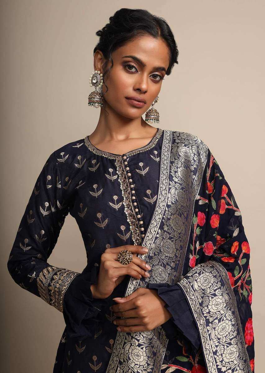 Midnight Blue Palazzo Suit With Weaved Buttis And Dupatta With Colorful Thread Embroidered Floral Jaal