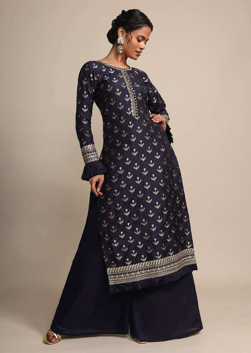 Midnight Blue Palazzo Suit With Weaved Buttis And Dupatta With Colorful Thread Embroidered Floral Jaal