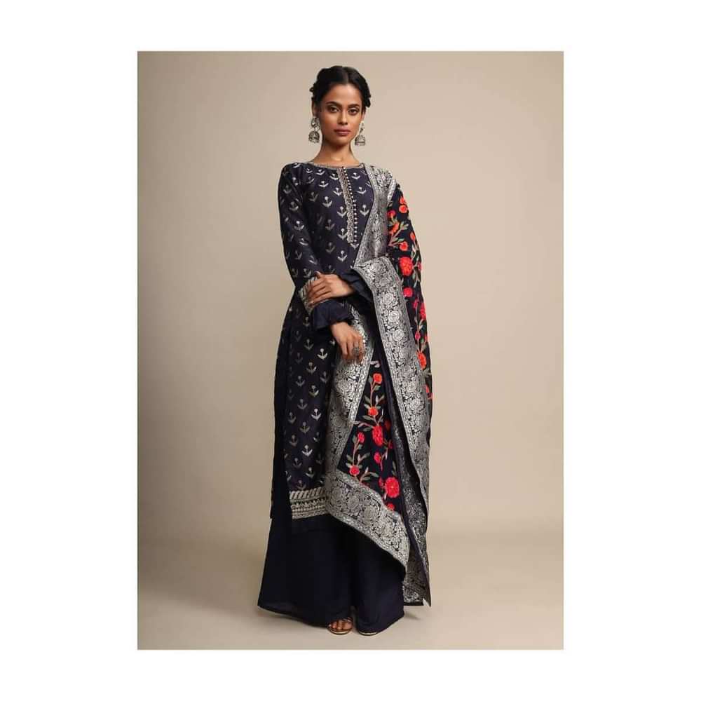 Midnight Blue Palazzo Suit With Weaved Buttis And Dupatta With Colorful Thread Embroidered Floral Jaal