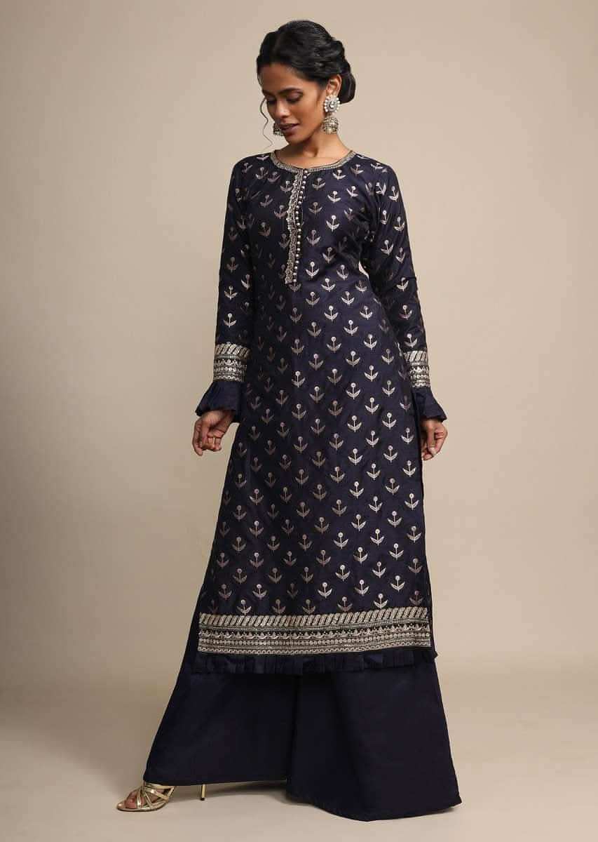 Midnight Blue Palazzo Suit With Weaved Buttis And Dupatta With Colorful Thread Embroidered Floral Jaal