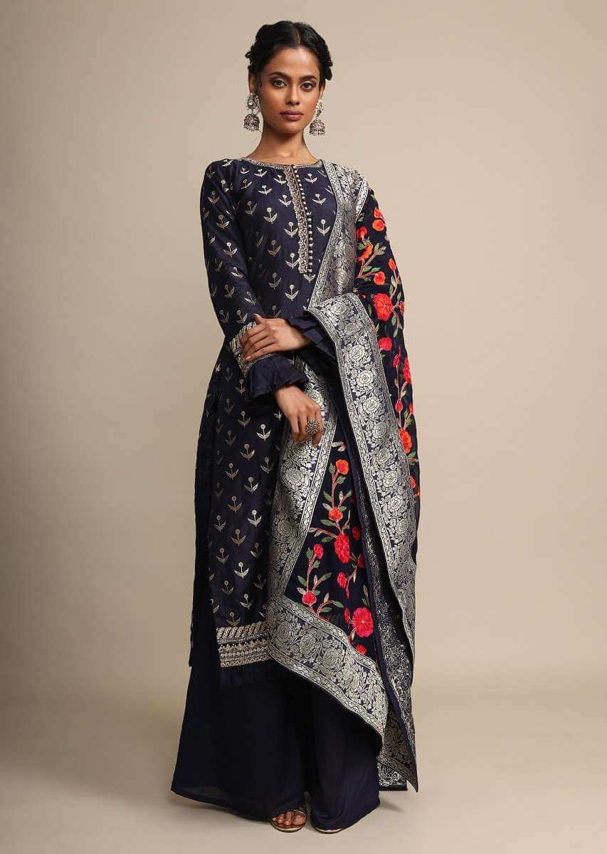 Midnight Blue Palazzo Suit With Weaved Buttis And Dupatta With Colorful Thread Embroidered Floral Jaal