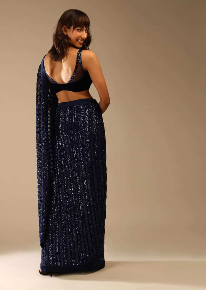 Midnight Blue Ready-To-Wear Sequins Saree With Velvet Blouse