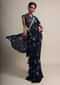 Midnight Blue Ruffle Saree In Georgette With Tie - Dye Print Online - Kalki Fashion