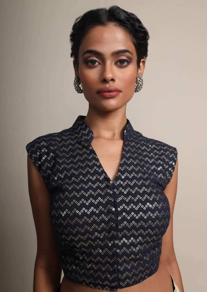 Midnight Blue Ruffle Saree In Georgette With Tie - Dye Print Online - Kalki Fashion