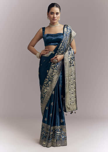 Midnight Blue Satin Woven Saree With Delicate Hand Embroidery Midnight Blue Satin Woven Saree With Delicate Hand Embroidery