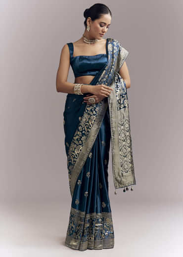 Midnight Blue Satin Woven Saree With Delicate Hand Embroidery Midnight Blue Satin Woven Saree With Delicate Hand Embroidery